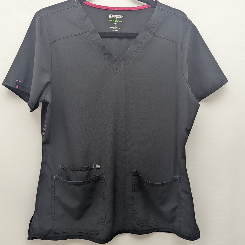 Scrubstar Scrub Top Women M Black V-Neck Recycled Fabric Short Sleeve Nursing
